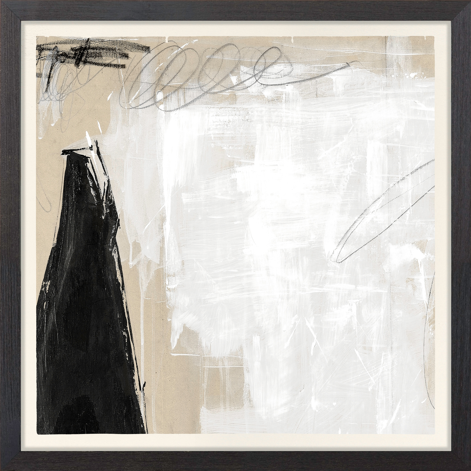 Trebuchet Detail I Framed abstract painting with expressive gestures in black and white on a beige background.
