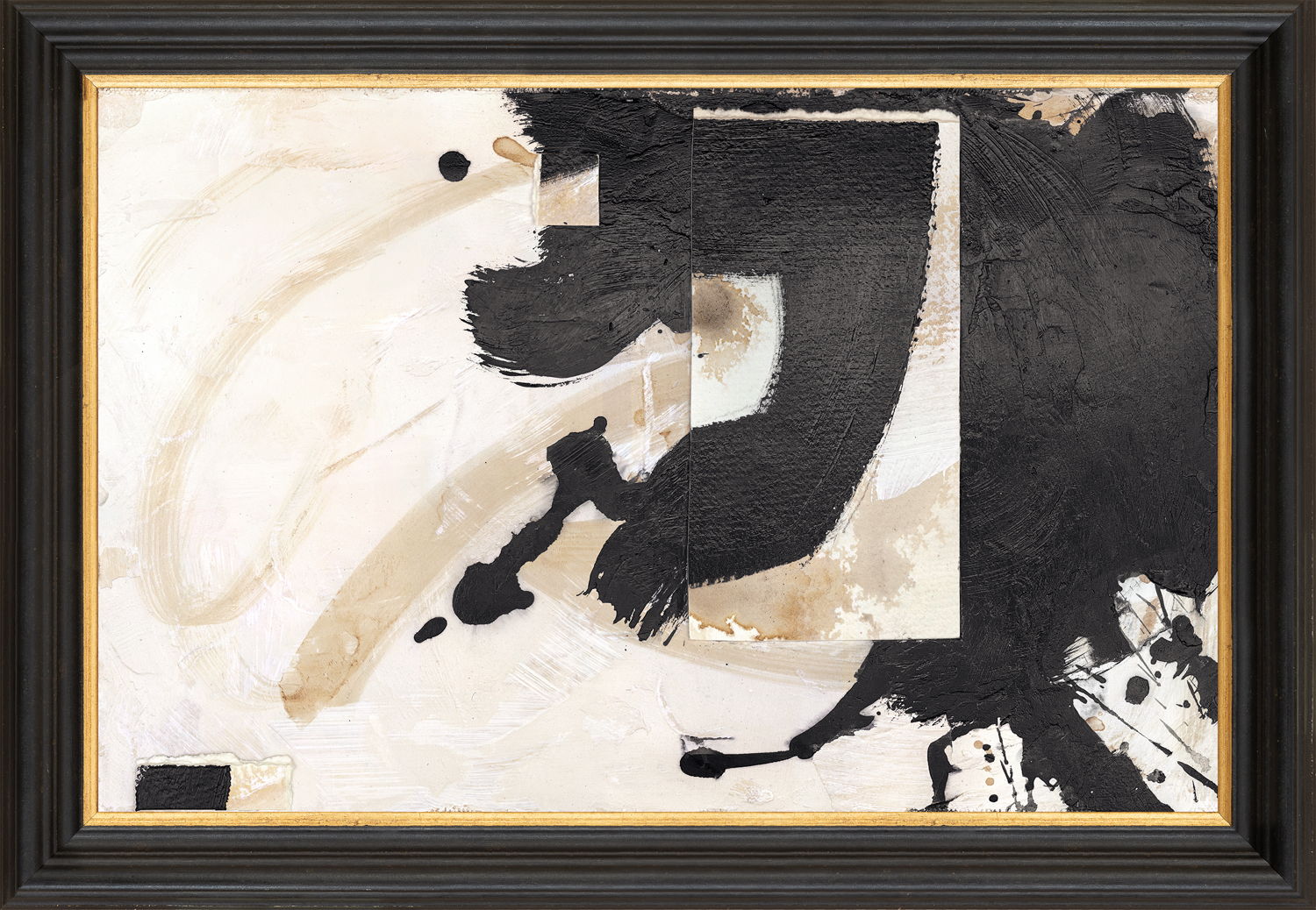 Anthology Series I Framed abstract painting featuring black, browns, and creams with expressive movements.