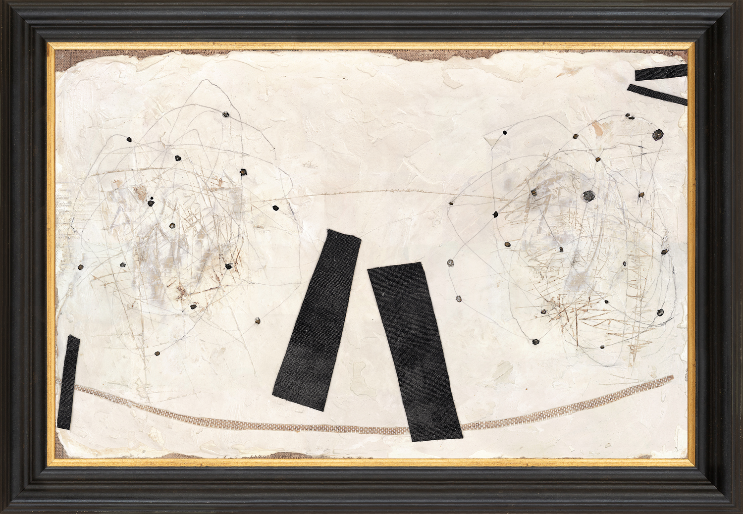 Anthology Series III Framed abstract painting featuring black, browns, and creams with expressive movements.