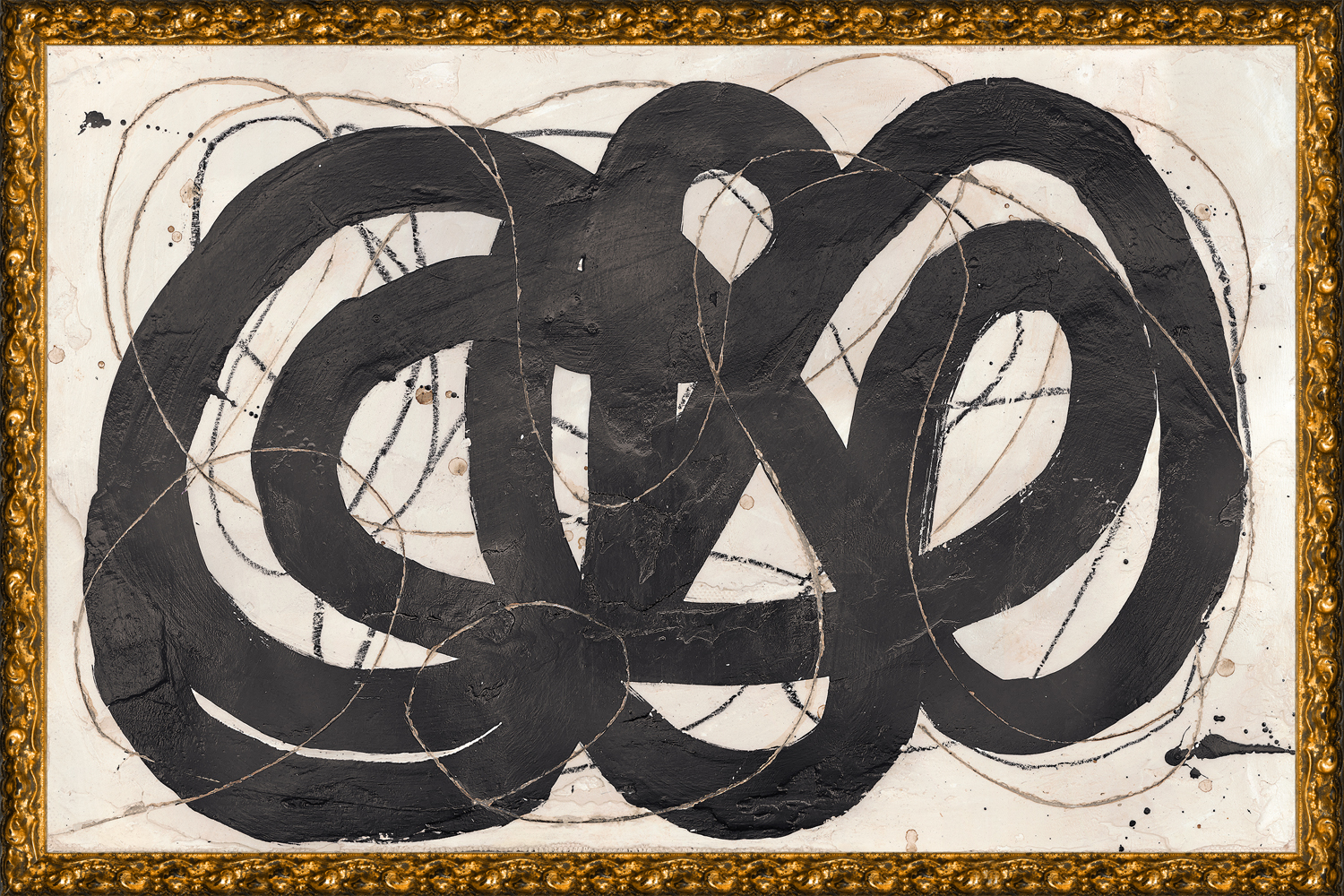 Framed abstract painting featuring black, browns, and creams with expressive movements.